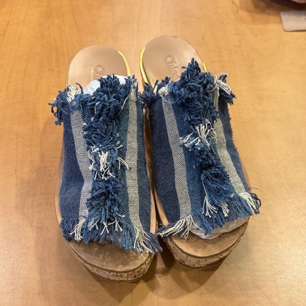 Chloe Blue Fringed Mules